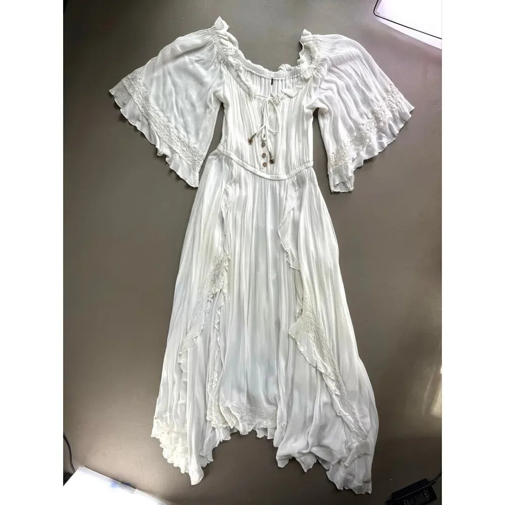 Free People Ivory Boho Maxi Dress XS Bell Sleeve Prairie Festival Cottagecore